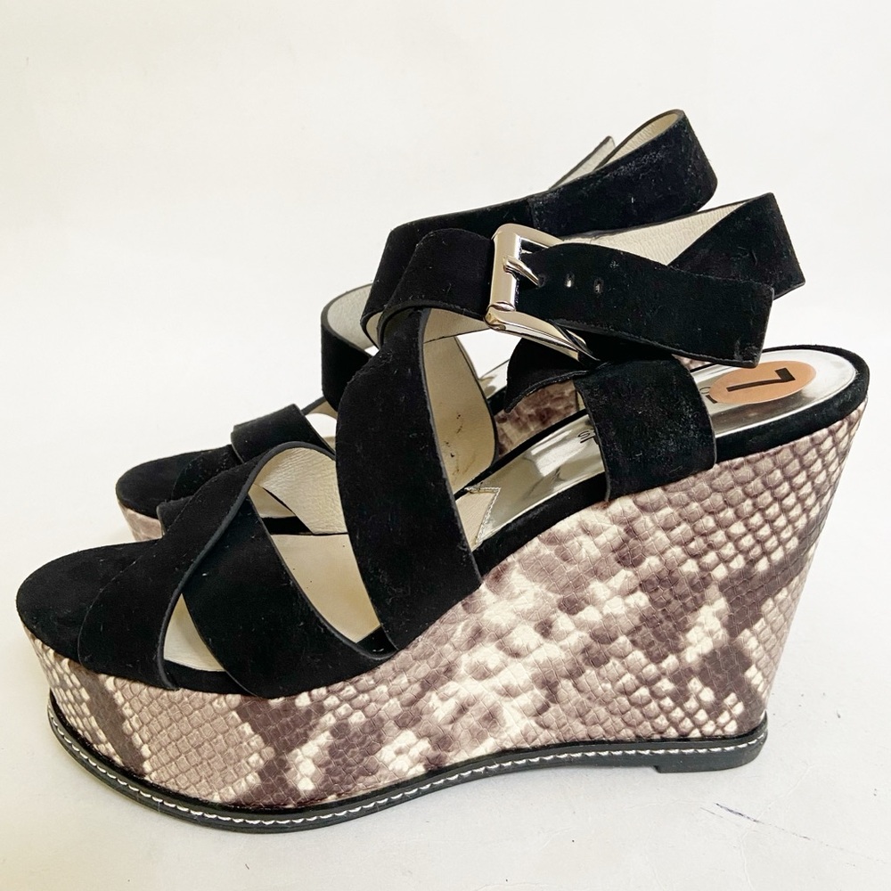 Michael Kors Black Suede Celia Wedge/Platform Sandals Snake Print Heel Size 7 - Picture 3 of 10